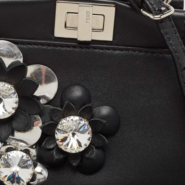 Pre Owned Fendi Black Leather Micro Crystal Embellished Peekaboo Crossbody Bag