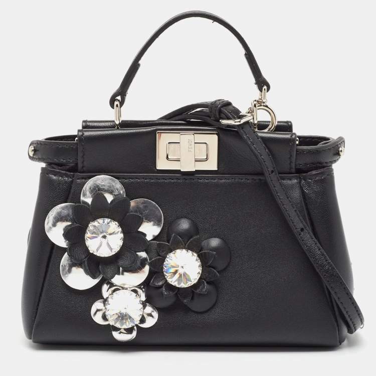 Pre Owned Fendi Black Leather Micro Crystal Embellished Peekaboo Crossbody Bag