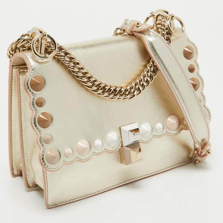 مملوكة مسبقًا Fendi Gold Leather Small Scalloped Studded Kan I Shoulder Bag