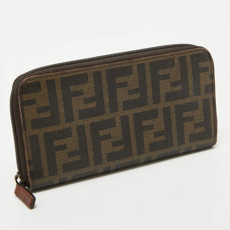 Pre Owned Fendi Tobacco Zucca Coated Canvas Zip Around Wallet