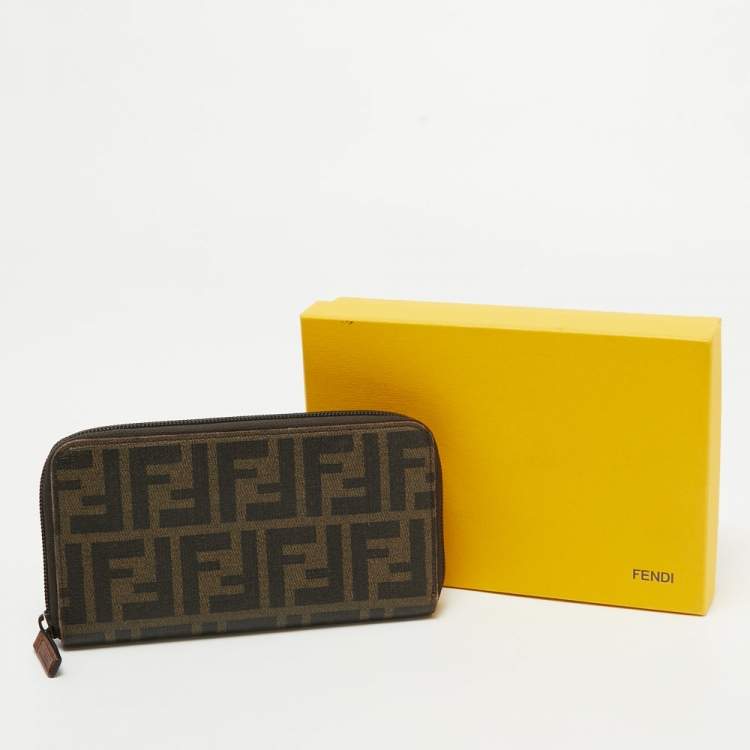 Pre Owned Fendi Tobacco Zucca Coated Canvas Zip Around Wallet