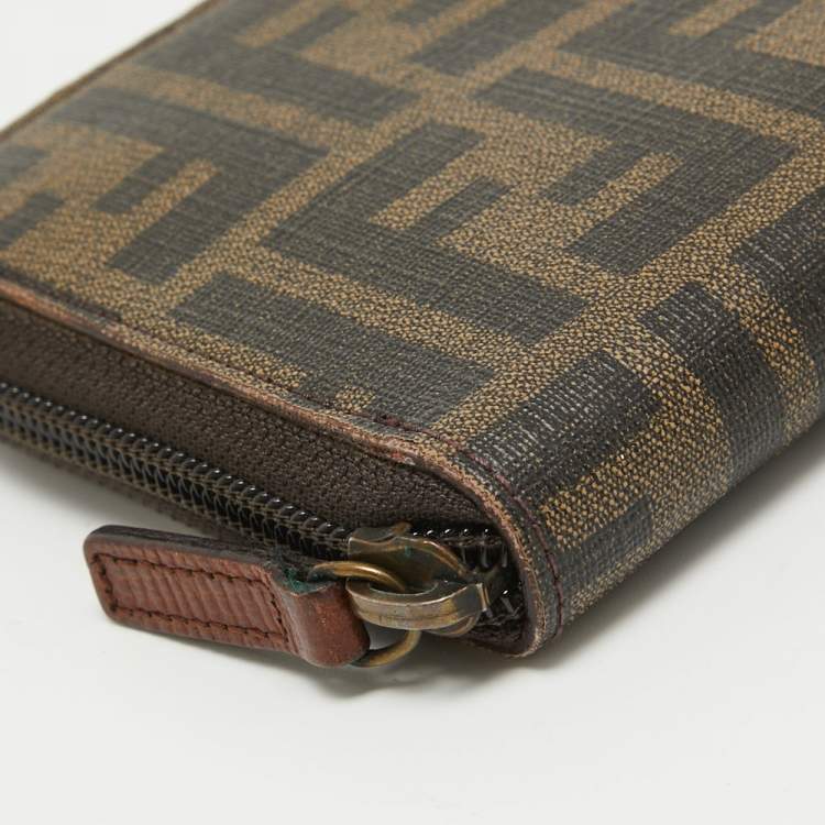 Pre Owned Fendi Tobacco Zucca Coated Canvas Zip Around Wallet