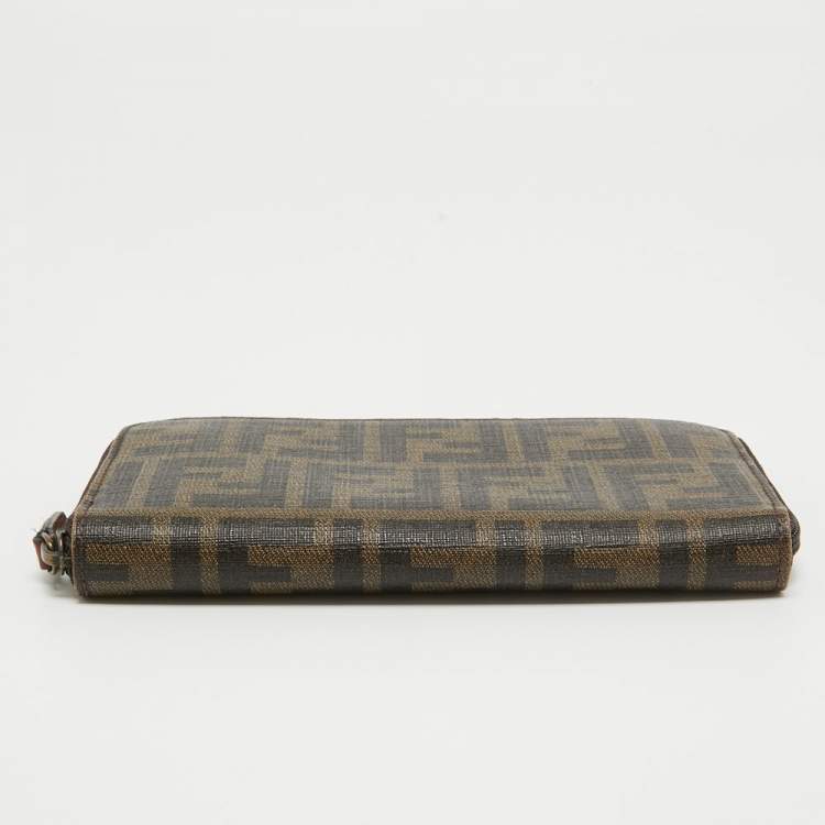 Pre Owned Fendi Tobacco Zucca Coated Canvas Zip Around Wallet