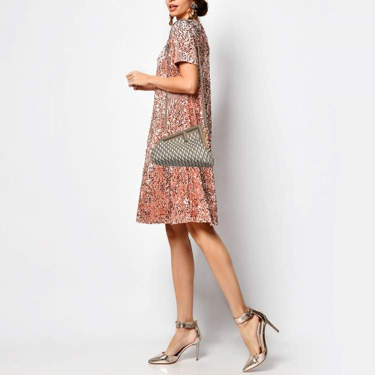 Pre Owned Fendi Beige/White Woven Leather Small First Shoulder Bag