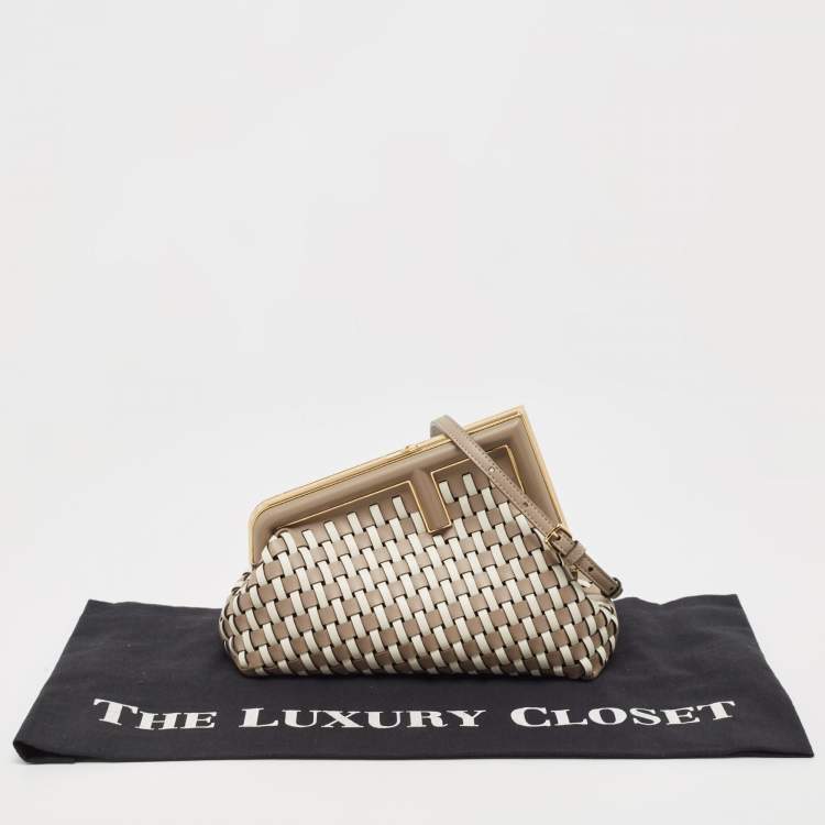 Pre Owned Fendi Beige/White Woven Leather Small First Shoulder Bag