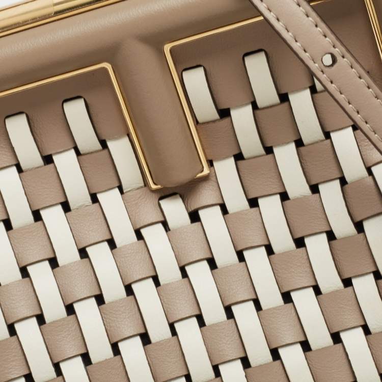 Pre Owned Fendi Beige/White Woven Leather Small First Shoulder Bag
