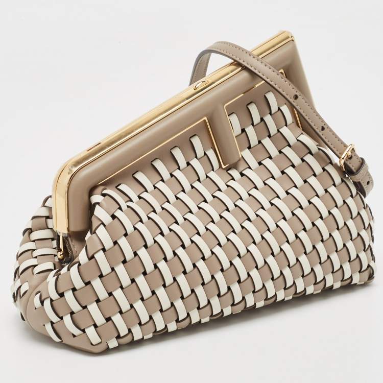 Pre Owned Fendi Beige/White Woven Leather Small First Shoulder Bag
