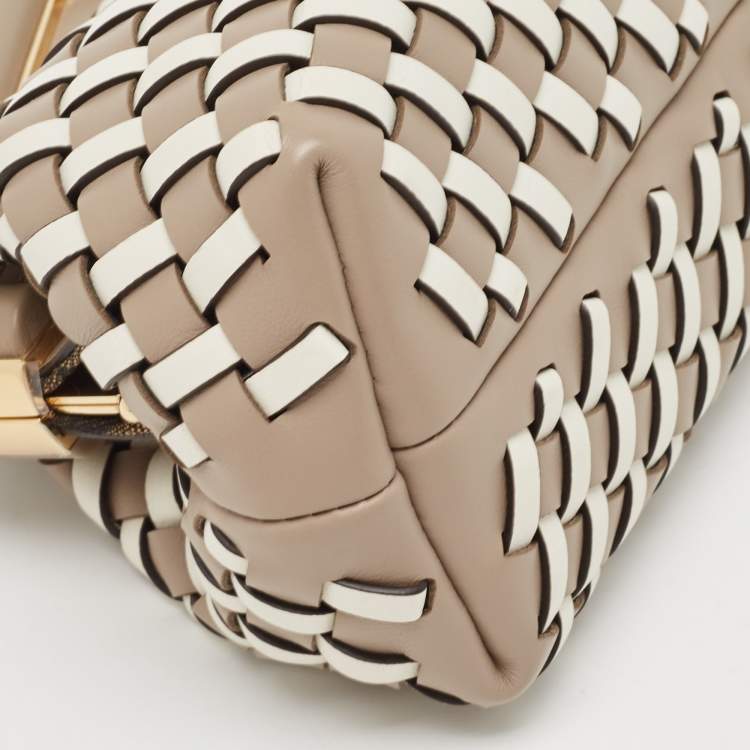 Pre Owned Fendi Beige/White Woven Leather Small First Shoulder Bag
