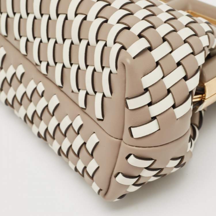 Pre Owned Fendi Beige/White Woven Leather Small First Shoulder Bag
