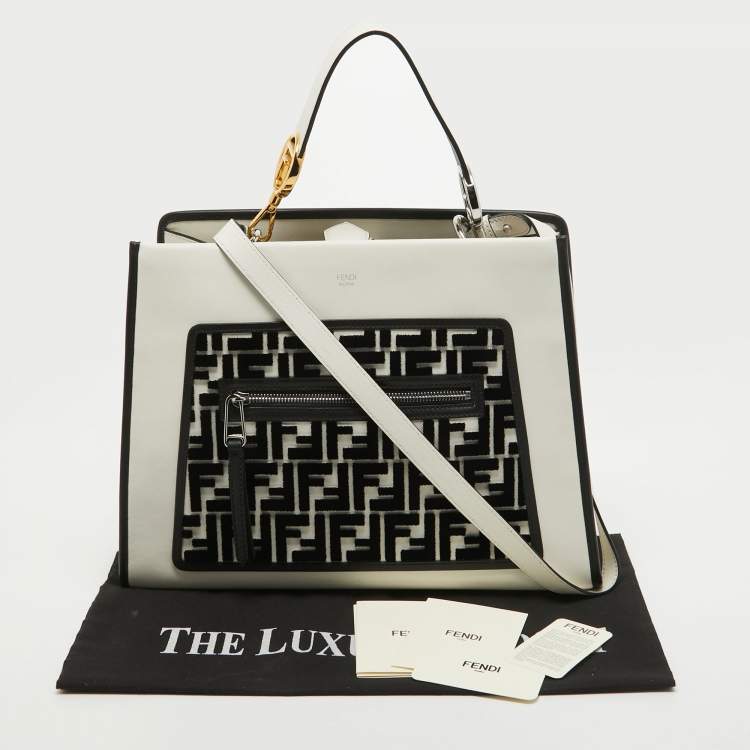 مملوكة مسبقًا Fendi White/Black Leather and Velvet FF Runaway Top Handle Bag