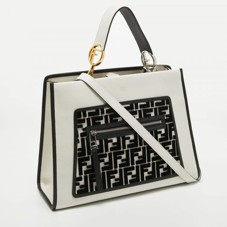 مملوكة مسبقًا Fendi White/Black Leather and Velvet FF Runaway Top Handle Bag