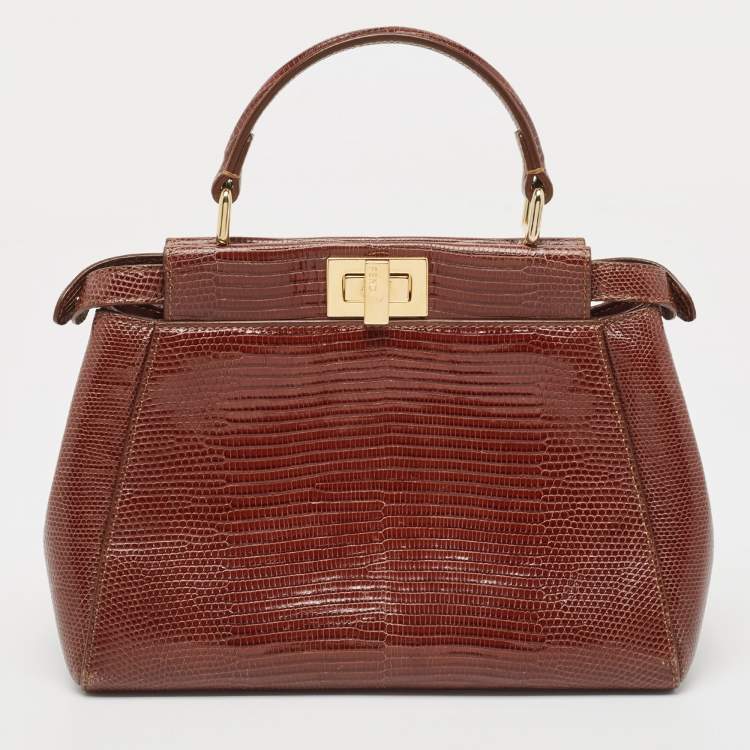 Pre Owned Fendi Brown Glazed Lizard Mini Peekaboo Top Handle Bag