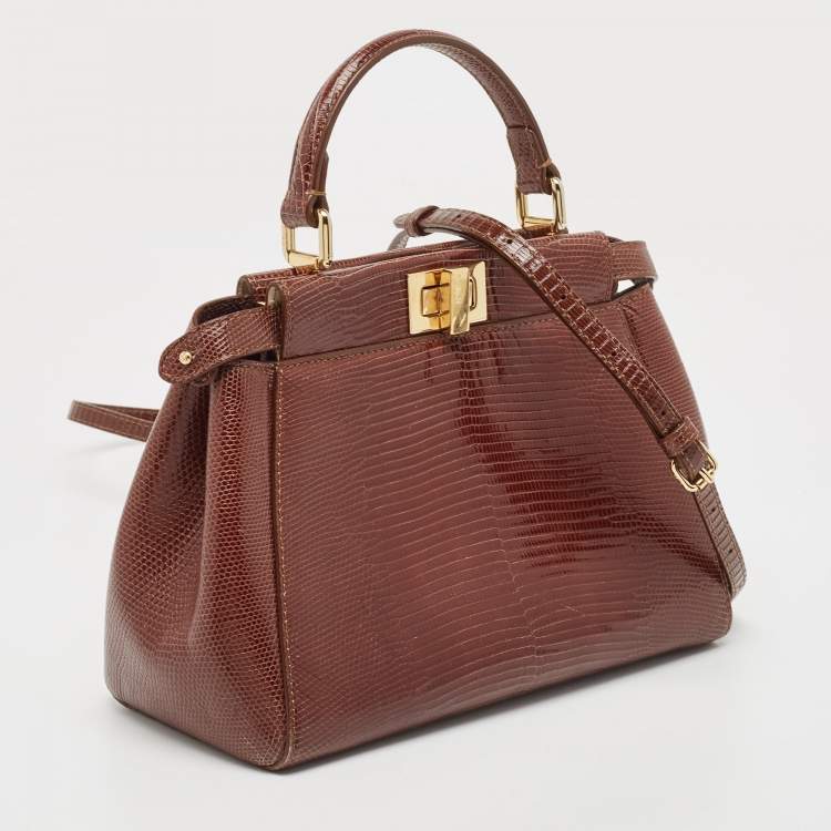 Pre Owned Fendi Brown Glazed Lizard Mini Peekaboo Top Handle Bag