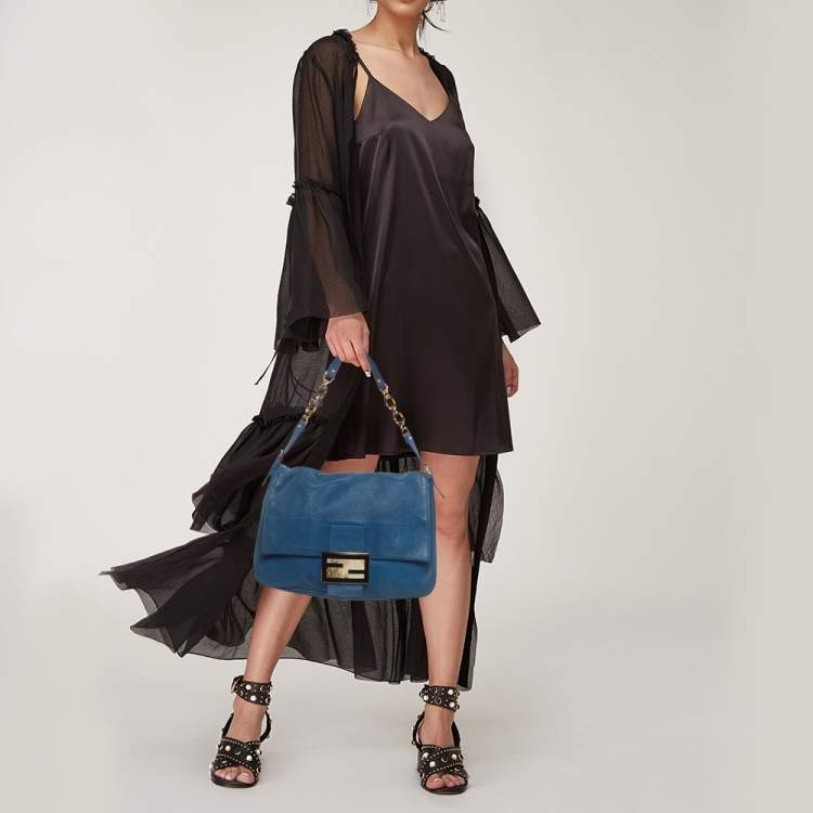Pre Owned Fendi Blue Iridescent Leather Large Mama Forever Flap Shoulder Bag