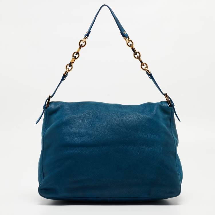 Pre Owned Fendi Blue Iridescent Leather Large Mama Forever Flap Shoulder Bag