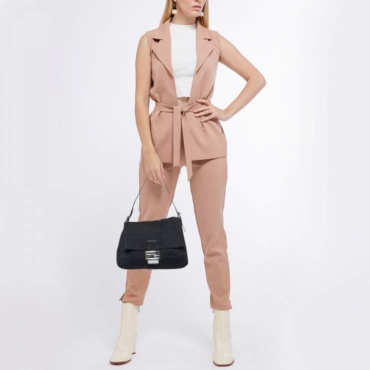 Pre Owned Fendi Black Zucchino Canvas and Leather Mama Baguette Bag