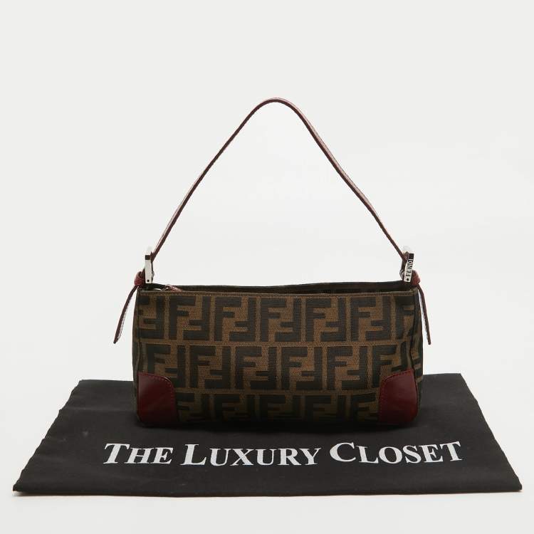 Pre Owned Fendi Tobacco/Red Zucca Canvas and Leather Baguette Bag