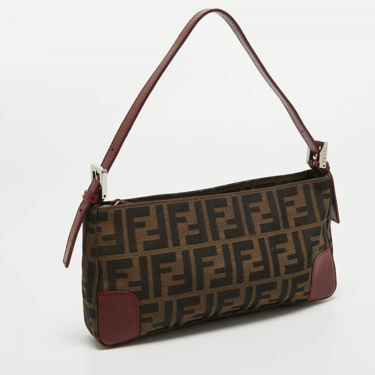 Pre Owned Fendi Tobacco/Red Zucca Canvas and Leather Baguette Bag