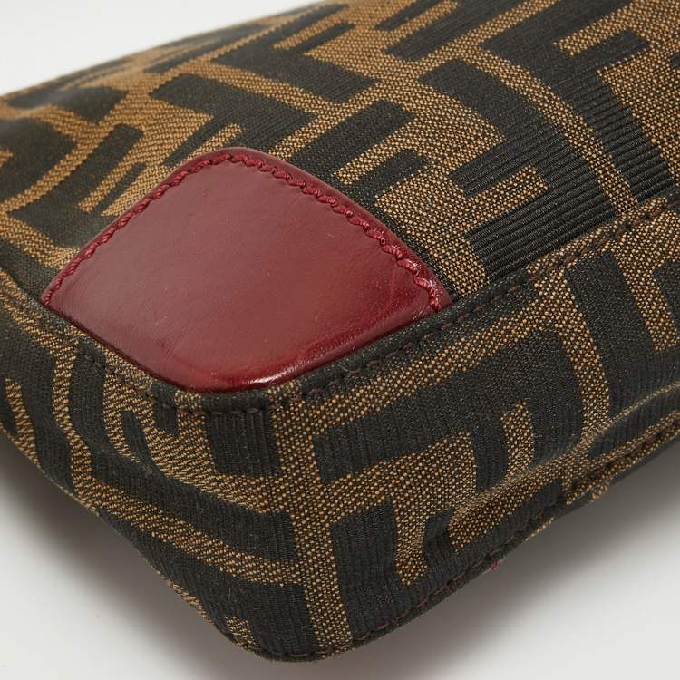 Pre Owned Fendi Tobacco/Red Zucca Canvas and Leather Baguette Bag