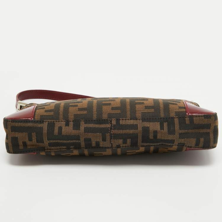 Pre Owned Fendi Tobacco/Red Zucca Canvas and Leather Baguette Bag