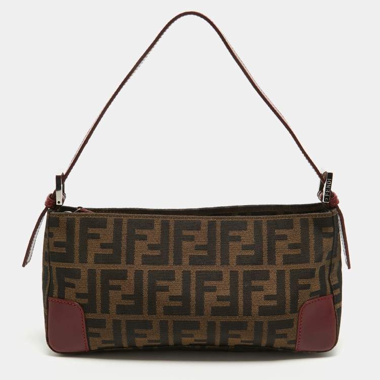 Pre Owned Fendi Tobacco/Red Zucca Canvas and Leather Baguette Bag