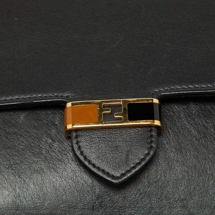 Pre Owned Fendi Black/Tan Leather FF Flap Wallet On Chain