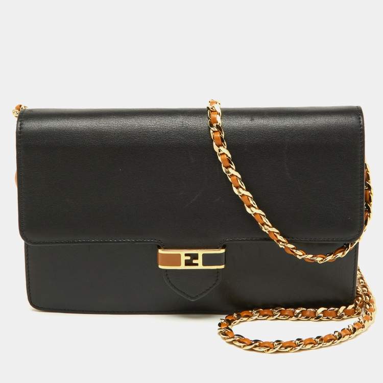 Pre Owned Fendi Black/Tan Leather FF Flap Wallet On Chain