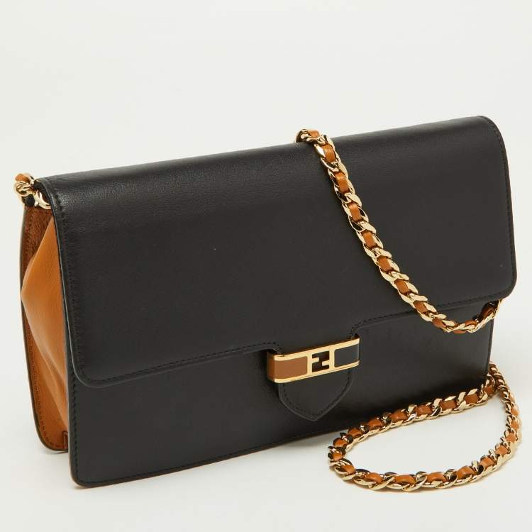Pre Owned Fendi Black/Tan Leather FF Flap Wallet On Chain