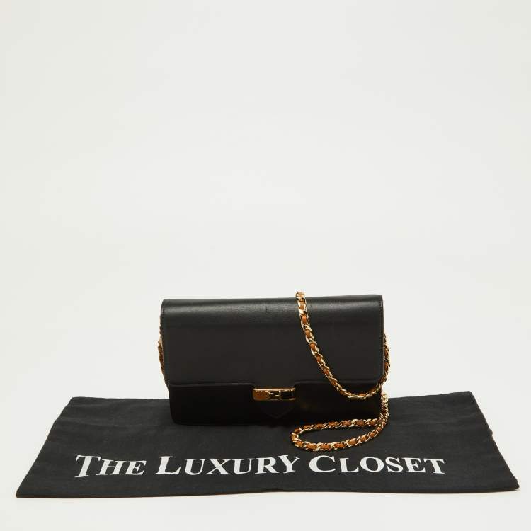 Pre Owned Fendi Black/Tan Leather FF Flap Wallet On Chain