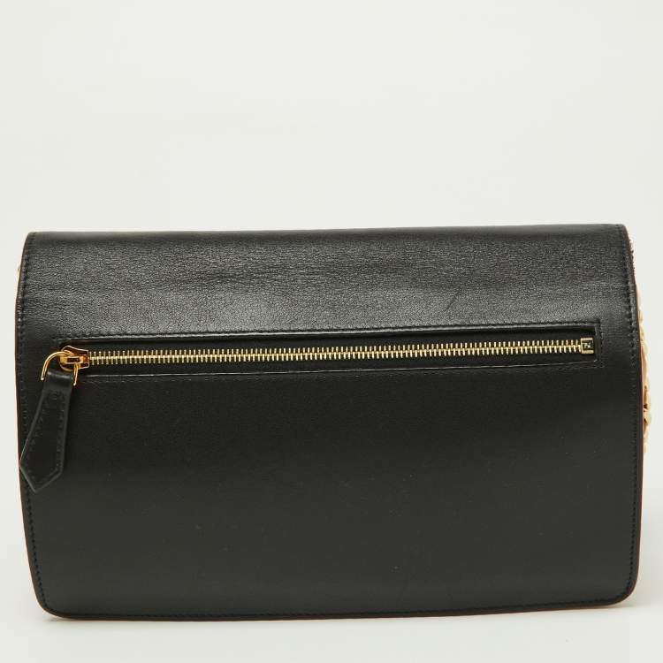 Pre Owned Fendi Black/Tan Leather FF Flap Wallet On Chain