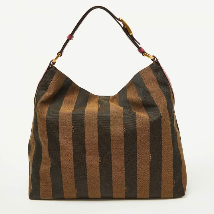 Pre Owned Fendi Tobacco/Red Pequin Stripe Canvas and Leather Hobo