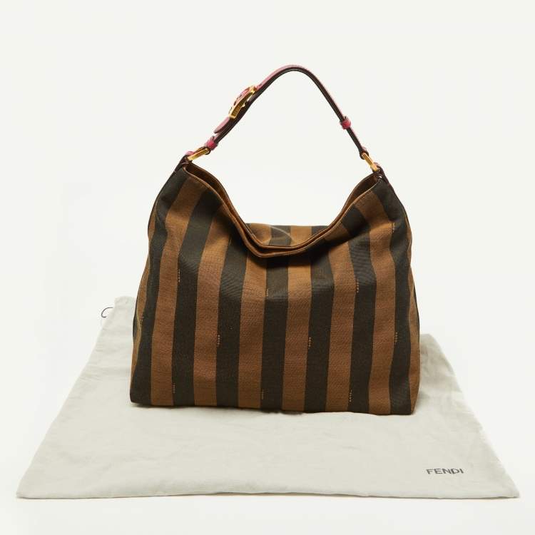 Pre Owned Fendi Tobacco/Red Pequin Stripe Canvas and Leather Hobo