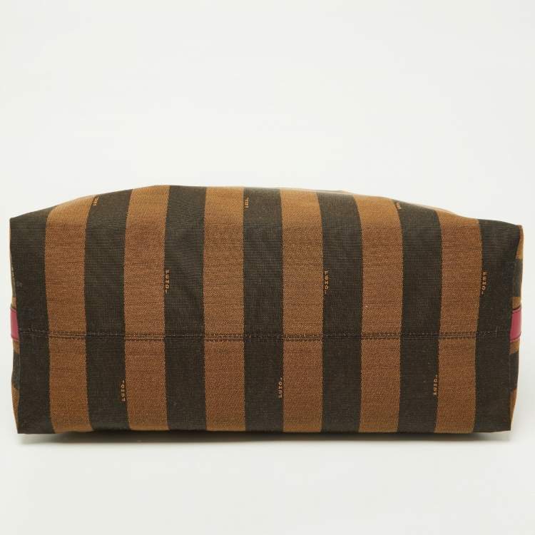 Pre Owned Fendi Tobacco/Red Pequin Stripe Canvas and Leather Hobo