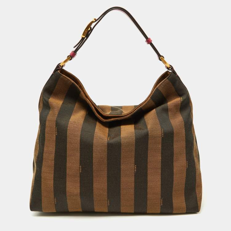 Pre Owned Fendi Tobacco/Red Pequin Stripe Canvas and Leather Hobo