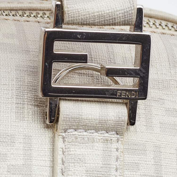 Pre Owned Fendi White/Grey  Zucchino Coated Canvas Small Forever Bauletto Boston Bag