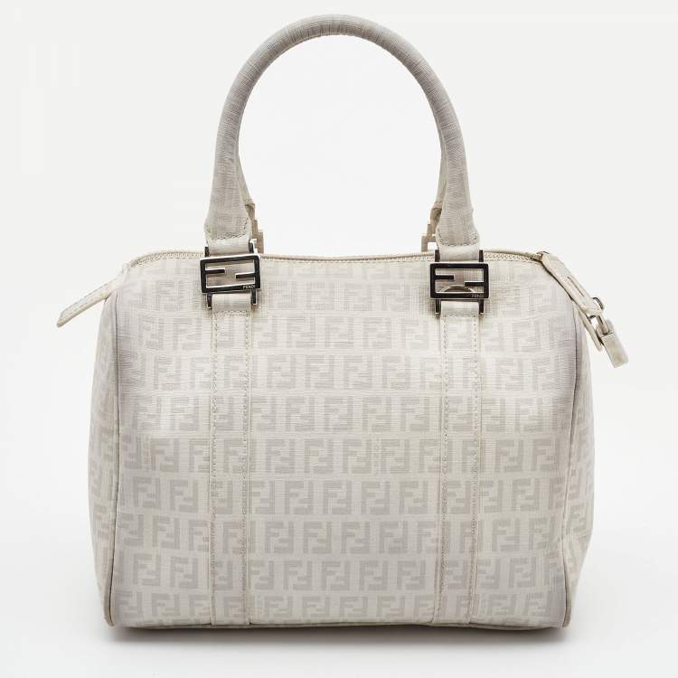 Pre Owned Fendi White/Grey  Zucchino Coated Canvas Small Forever Bauletto Boston Bag