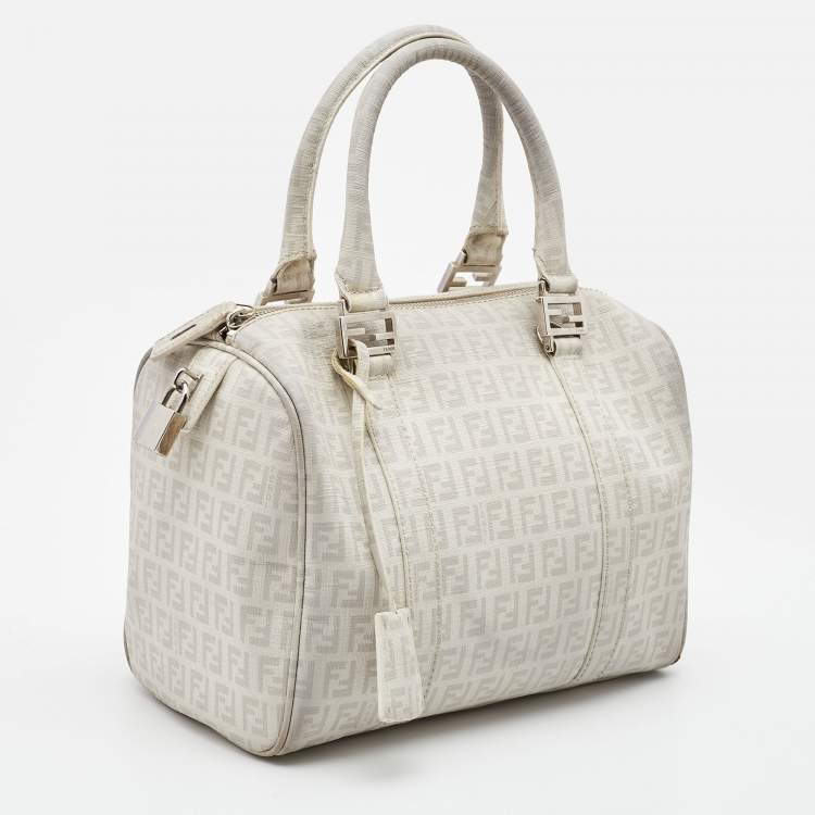 Pre Owned Fendi White/Grey  Zucchino Coated Canvas Small Forever Bauletto Boston Bag