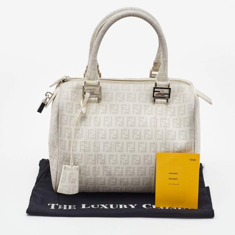 Pre Owned Fendi White/Grey  Zucchino Coated Canvas Small Forever Bauletto Boston Bag