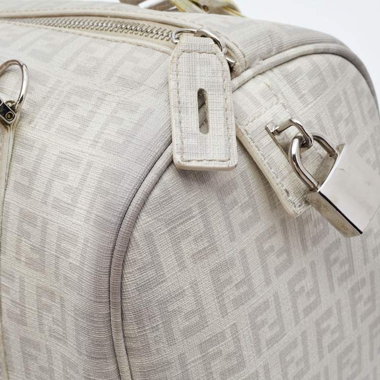 Pre Owned Fendi White/Grey  Zucchino Coated Canvas Small Forever Bauletto Boston Bag