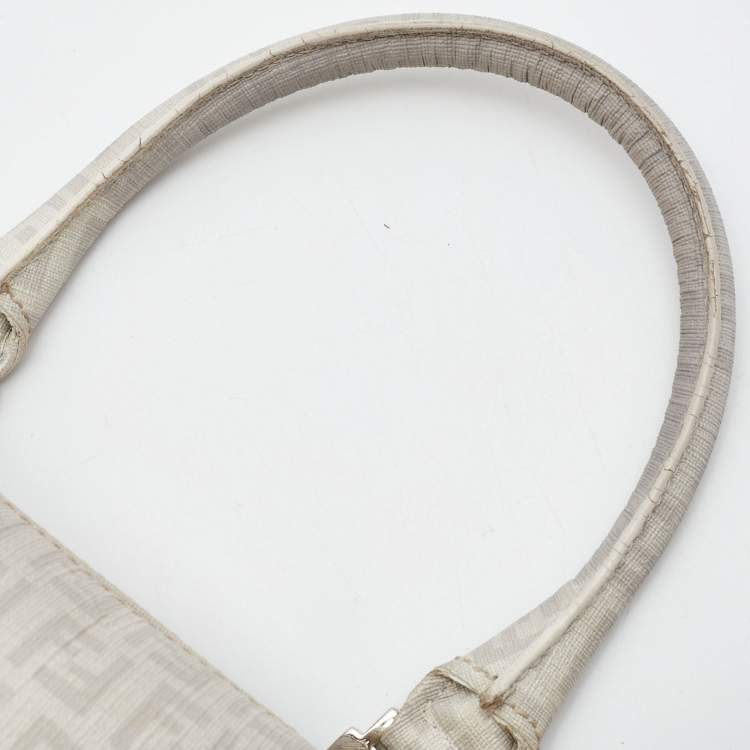 Pre Owned Fendi White/Grey  Zucchino Coated Canvas Small Forever Bauletto Boston Bag