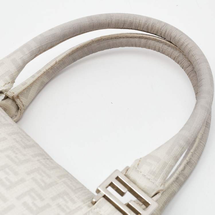 Pre Owned Fendi White/Grey  Zucchino Coated Canvas Small Forever Bauletto Boston Bag