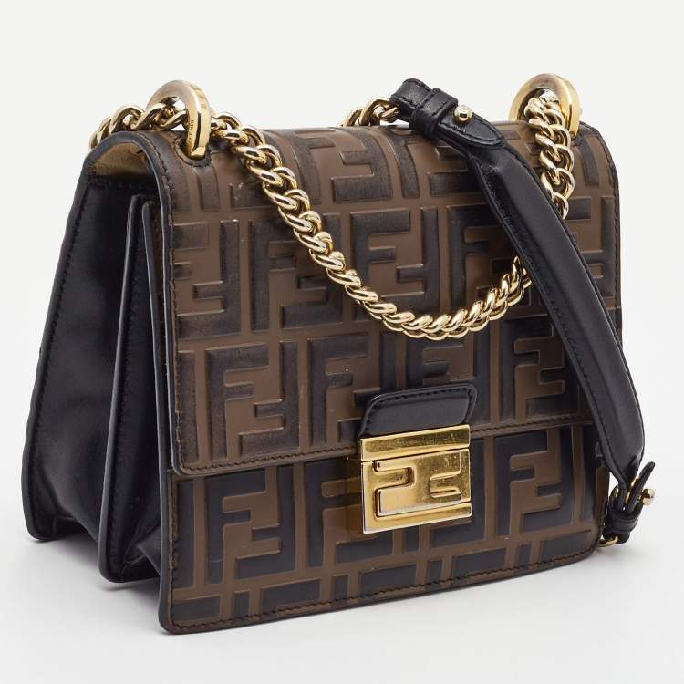 Pre Owned Fendi Black/Brown Zucca Embossed Leather Small Kan U Shoulder Bag