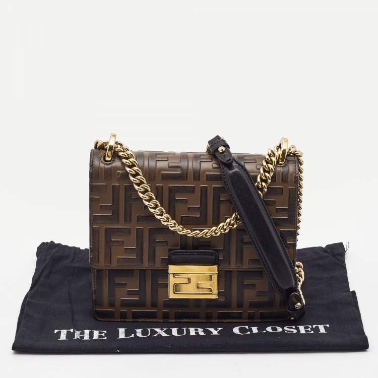 Pre Owned Fendi Black/Brown Zucca Embossed Leather Small Kan U Shoulder Bag