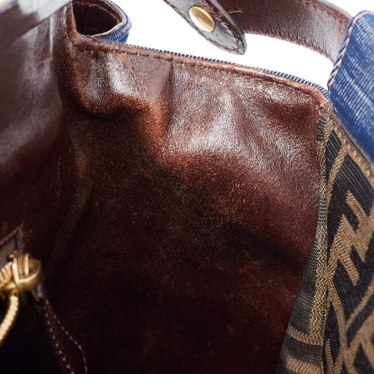 Pre Owned Fendi Blue/Brown Denim and Leather Large Peekaboo Top Handle Bag