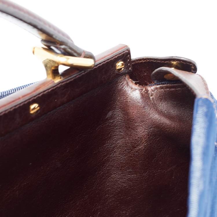 Pre Owned Fendi Blue/Brown Denim and Leather Large Peekaboo Top Handle Bag