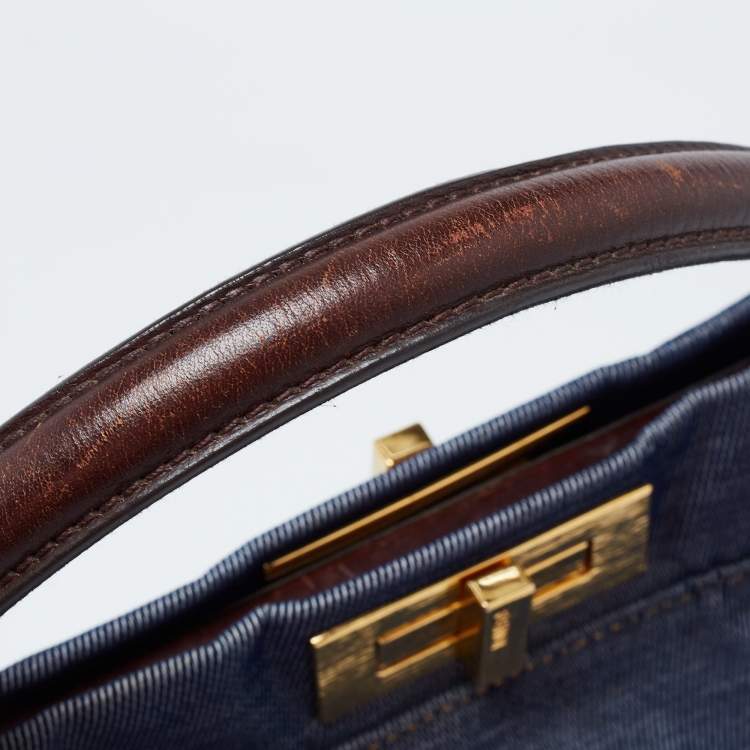 Pre Owned Fendi Blue/Brown Denim and Leather Large Peekaboo Top Handle Bag