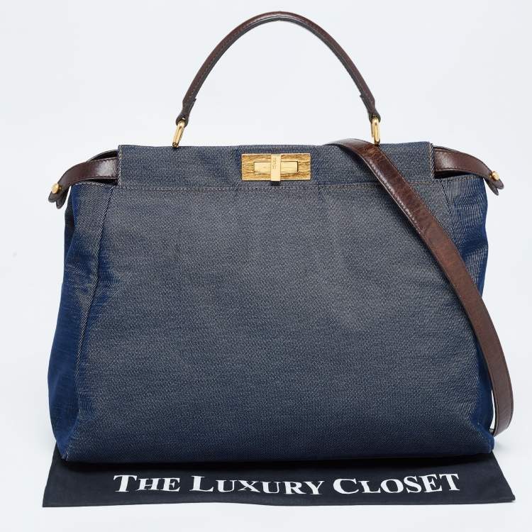 Pre Owned Fendi Blue/Brown Denim and Leather Large Peekaboo Top Handle Bag