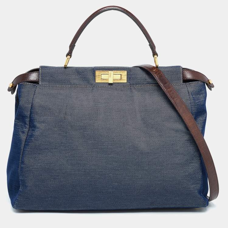 Pre Owned Fendi Blue/Brown Denim and Leather Large Peekaboo Top Handle Bag