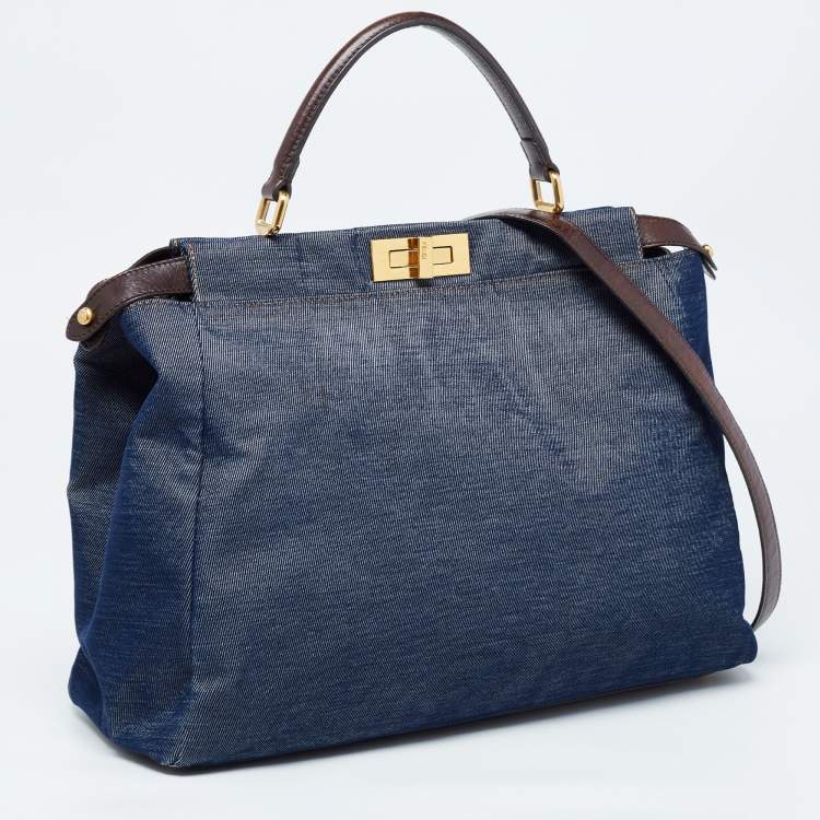 Pre Owned Fendi Blue/Brown Denim and Leather Large Peekaboo Top Handle Bag