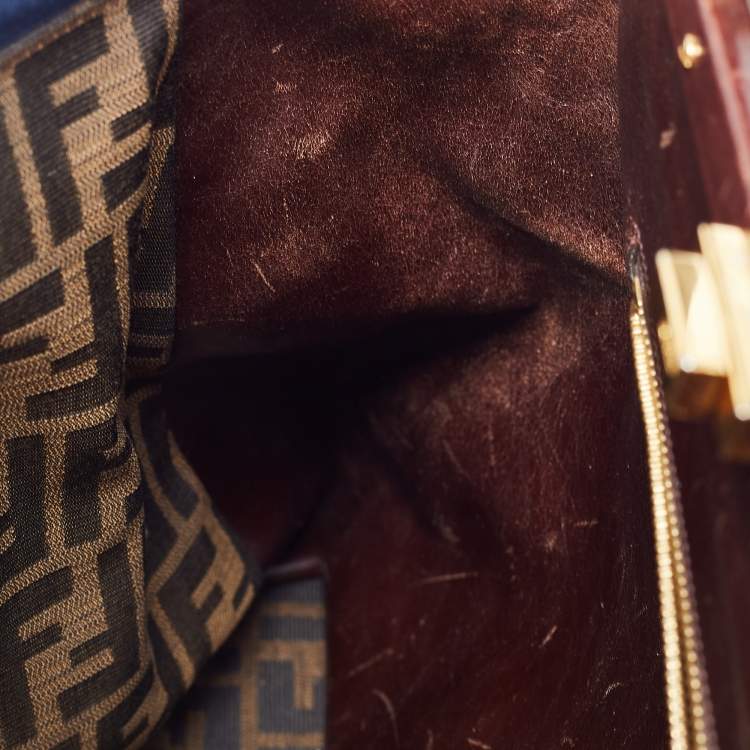 Pre Owned Fendi Blue/Brown Denim and Leather Large Peekaboo Top Handle Bag